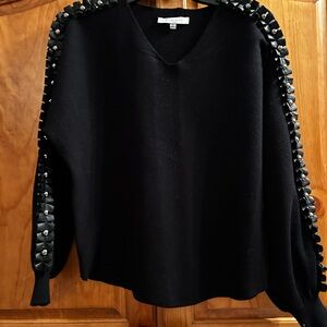 Sioni Black V-Neck Sweater with Embellished Sleeves